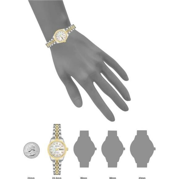 Womens Two Tone Bracelet Watch Crystal Accents Mother of Pearl Dial Date - Picture 4 of 7